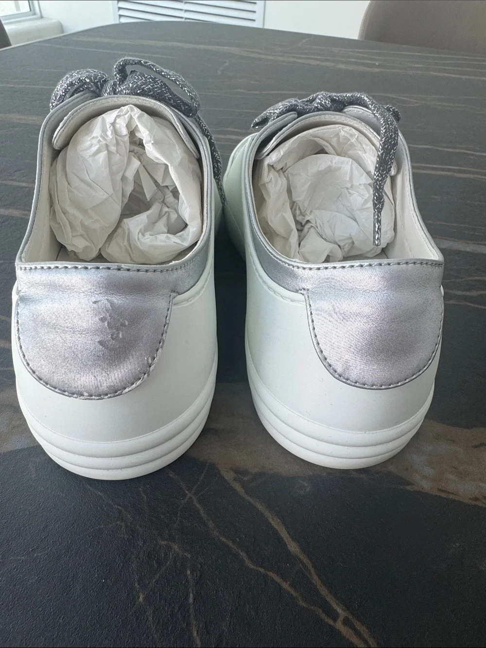 CHANEL Silver and White Low-Top Leather Sneakers